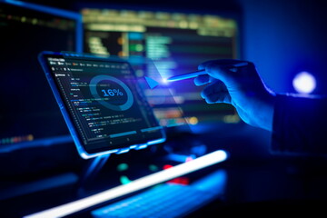Working atmosphere of a programmer at home . ?oding html and programming on screen laptop, development web