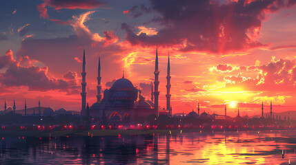 Wall Mural - illustration of a mosque on the riverbank at sunset. Islamic Background
