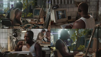 Split screen video of African American hacker using old computer while coding in post apocalypse shelter