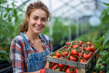 A happy female farmer in Denim Clothes holding tomatoes bucket in indoor farm