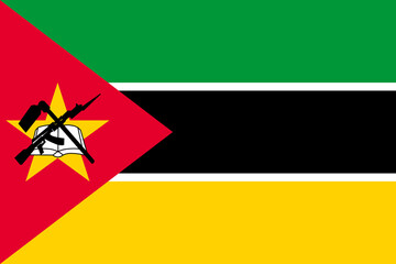Wall Mural - Close-up of green black, yellow and red national flag of African country of Mozambique with yellow star, rifle book and pick. Illustration made February 11th, 2024, Zurich, Switzerland.