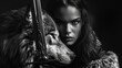 A dramatic black and white portrait featuring a woman holding an ornate sword,  and a wolf in close proximity - AI Generated Digital Art
