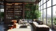 A cozy, stylish modern library with large floor-to-ceiling windows, many green plants and tall cabinets full of a variety of books. Hobby, leisure and education concept	
