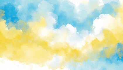 Wall Mural - Artistic blue, yellow and white watercolor background with abstract cloudy sky concept. Grunge abstract paint splash artwork illustration. Beautiful abstract fog cloudscape wallpaper.