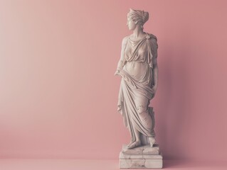 Wall Mural - Antique Greek full length Sculpture of female goddess with pink pastel background with copy space. Ancient Statue of Woman in profile stand. Modern trendy y2k style