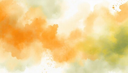 Wall Mural - Artistic lime, orange and white watercolor background with abstract cloudy sky concept. Grunge abstract paint splash artwork illustration. Beautiful abstract fog cloudscape wallpaper.