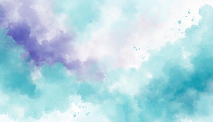 Wall Mural - Artistic purple, cyan and white watercolor background with abstract cloudy sky concept. Grunge abstract paint splash artwork illustration. Beautiful abstract fog cloudscape wallpaper.