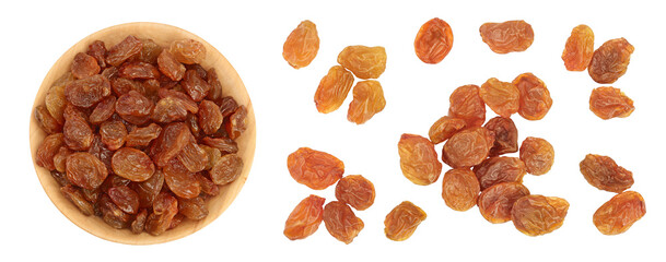 Wall Mural - Brown raisins in wooden bowl isolated on white background . Top view. Flat lay