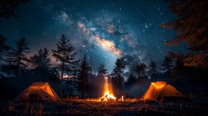 Camping under the Stars: A cozy campsite under a starry night sky, with a crackling campfire and silhouetted tents, conveying the joy of outdoor camping