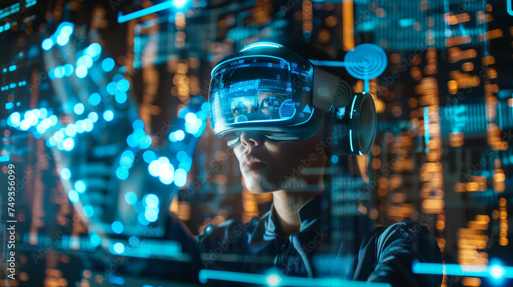 business person or data analyst using VR technology to visualize ...
