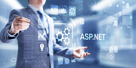 asp.net development programming language concept on virtual screen.