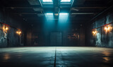 Fototapeta Przestrzenne - Mysterious empty warehouse interior with dim lighting and fluorescent lamps highlighting the spacious industrial atmosphere and dark, grungy walls
