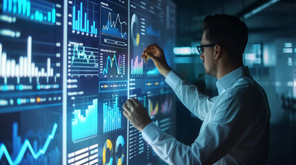 Canvas Print - businessman or data analyst analyzing business growth data statics on virtual screen, business analy