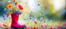 Pink Rubber Boot With Spring Flowers Inside And Butterflies Around On Bright Background, Concept Of The Arrival And Celebration Of Spring, Banner With Copyspace