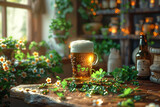 Fototapeta Sport - A cold glass of beer resting on a wooden table, ready to be enjoyed during the St. Patricks Day celebration, St. Patrick's Day