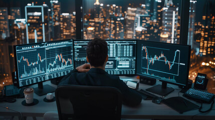 Group of traders analyze stock market with multiple screen display stock graphs.commodities trades,day traders.