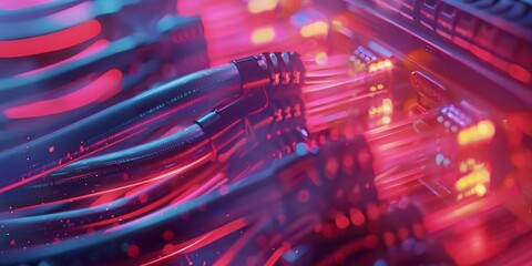 Web banner of data cable transfer shining information inside computer server, internet connection concept