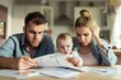 A man and woman are intently looking at a paper, possibly discussing family finances, while a baby curiously looks on.