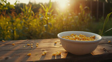 White Bowl With Corn On The Background Of Nature