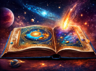 fantasy concept art of Astrology or astronomy book of the universe - opened old magic book with space