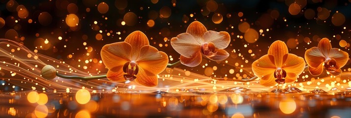 floral background tropical orchids, with lights, light black and yellow, background hd, illustration