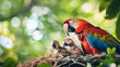 A trio of macaws interacting with each other, showcasing their colorful 