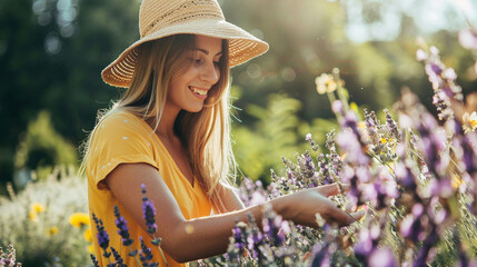 Wall Mural - a woman collects lavender flowers in a field