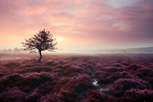 Heather Shrubs On A Misty Moorland At Dawn