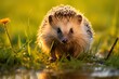 Hedgehog foraging on a dew-covered grassy field