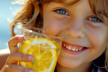 A kid enjoying a refreshing glass of lemonade juice in summer