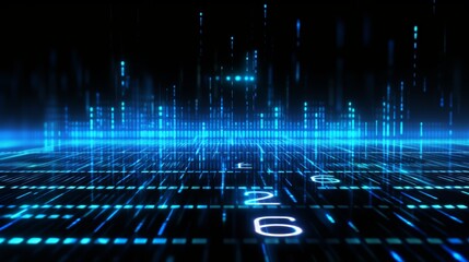 Digital matrix representing a concept of data analysis and cyber information, highlighted by glowing blue numbers and lines.