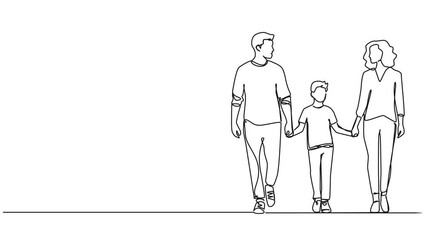 Wall Mural - animated continuous single line drawing of parents and son walking hand in hand, line art animation