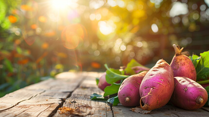Wall Mural - sweet potato on a wooden nature background