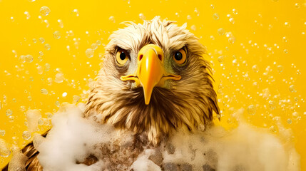 Wall Mural - A majestic eagle relaxes in a bathtub, surrounded by frothy soap bubbles