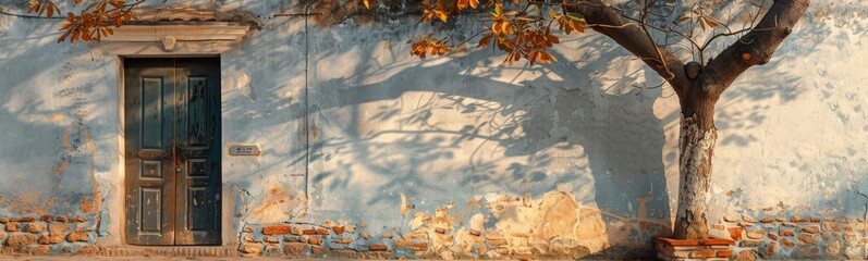 A blue wall with a brown door next to a tree with yellow leaves on the ground