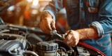 Fototapeta  - Mechanic: Using a wrench to fix a car engine in an antique. Generative Ai