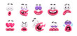 3d cartoon faces with funny emotions for mascot. Vector set of different facial expression of stop motion animation clay character. Smile, surprise, joy, crazy, love, sad and laughter