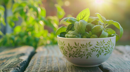 Wall Mural - white bowl with basil on a wooden background