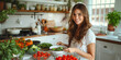 Health-conscious young beauty in a stylish, white kitchen, making a nutritious meal with grace