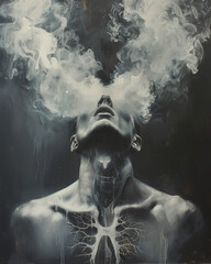 A smoking man with diseased lungs and brain. Harm to health from smoking.