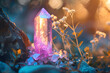 Magic still life with Gemstones fluorite crystal on nature background. Rocks for mystic ritual, witchcraft Wiccan or spiritual healing on stump in forest. AI Generative. Meditation reiki