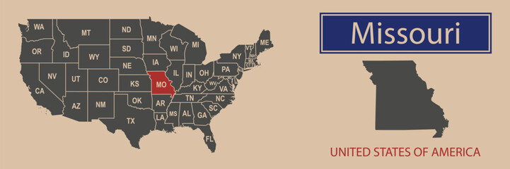 Vector map borders of the USA Missouri state. State of Missouri on the map of the United States of America.