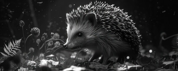 Wall Mural - Shadow of Mystery. Hedgehog Monochrome Tale of Intrigue and Suspicion, Where a Prickly Companion Navigates the Shadows of the Night