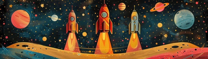 Poster - Vibrant Rockets. Space Exploration A Colorful Journey Through the Cosmos, Where Vibrant Rockets Soar Amongst the Stars, Creating a Playful and Futuristic Landscape