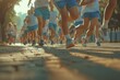 Low-angle view of children's marathon, showcasing the determination and camaraderie of young athletes. Children's marathon from low angle