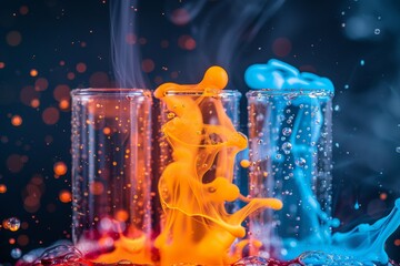 multi-colored chemical reaction of compounds in flasks, close-up