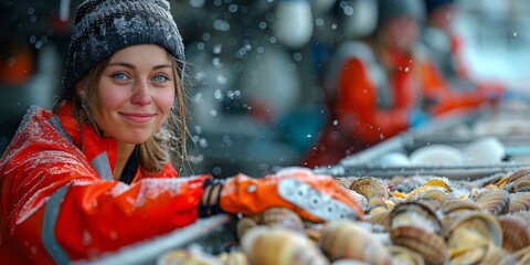 Wall Mural - A happy young woman in a reflective winter jacket enjoys the snowy season outdoors.