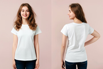 Young woman wearing White casual t-shirt. Back and front view mockup template for print t-shirt design mockup