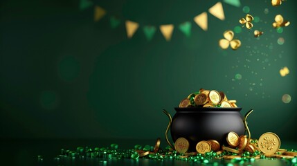 Wall Mural - saint Patrick's day dark green background. black pot with gold coins. 3d celebration flag with copy space  
