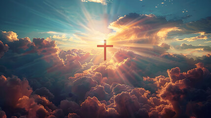 Wall Mural - Cross in the clouds and rays of sun, power of faith concept